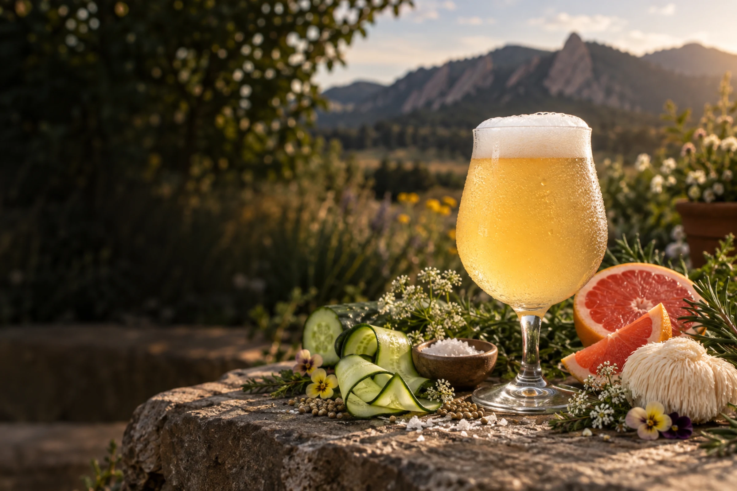 A glass of pale gose surrounded by cucumber, grapefruit, herbs, salt and a mushroom in the Colorado foothills